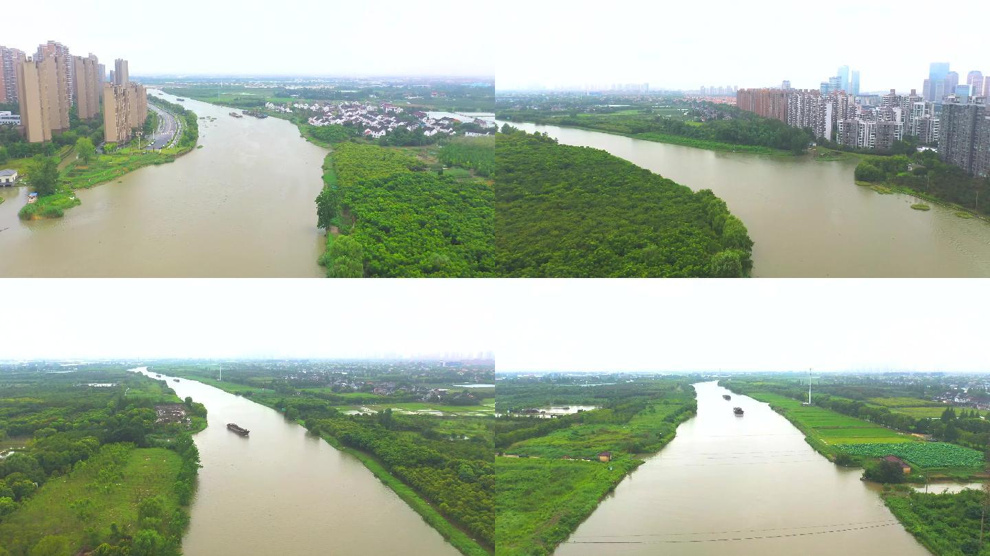 航拍昆山花桥附近汛期中的吴淞江