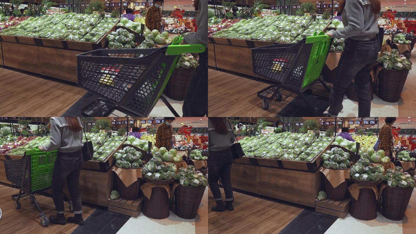 超市推购物车买蔬菜-升格