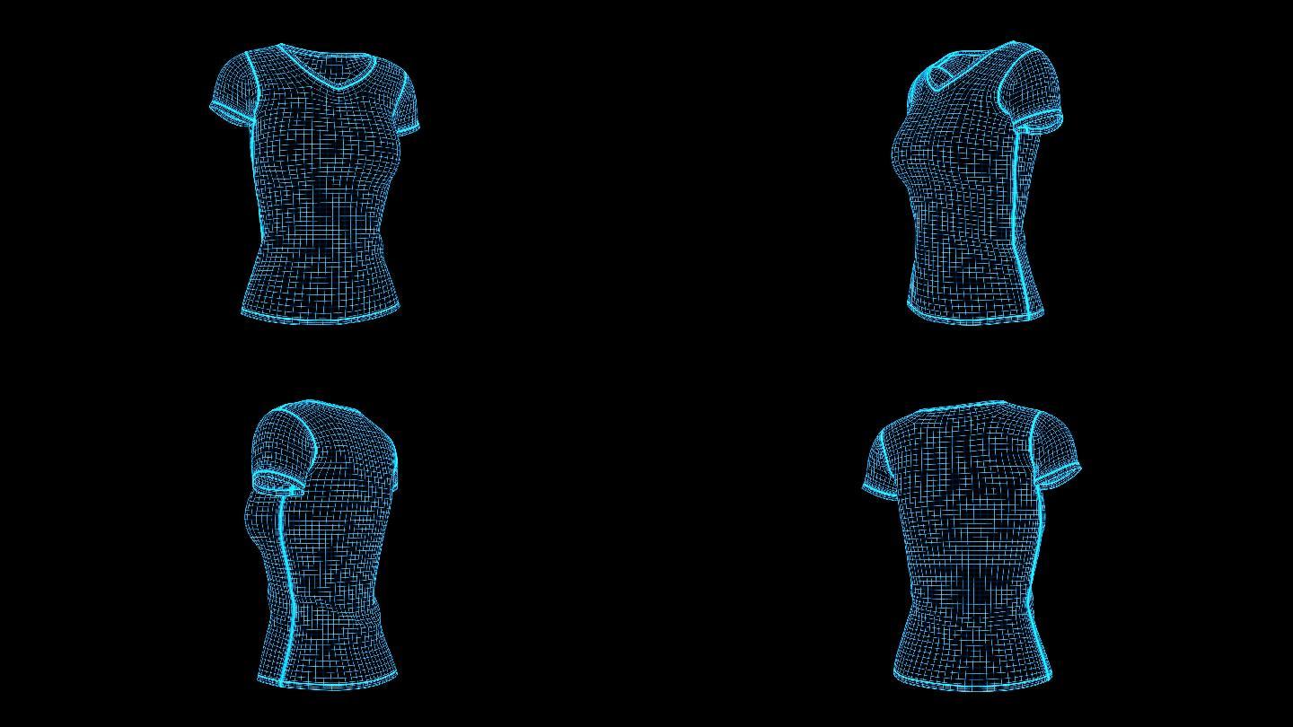 蓝色线框全息科技短袖上衣女动画素材带通道