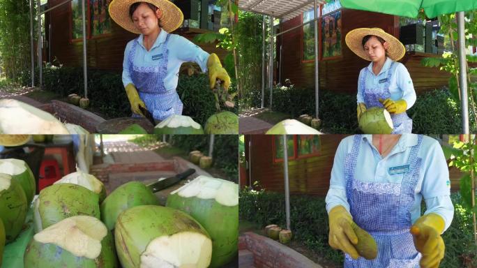 海南三亚农村妇女开椰子