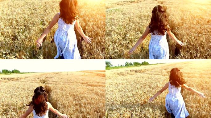 日落时分，小女孩跑过麦田