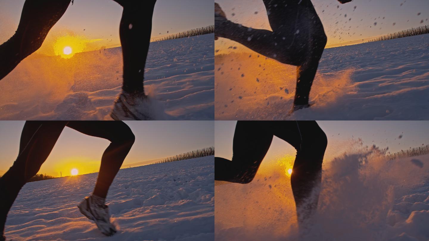 落日时分在雪地里奔跑的慢跑者