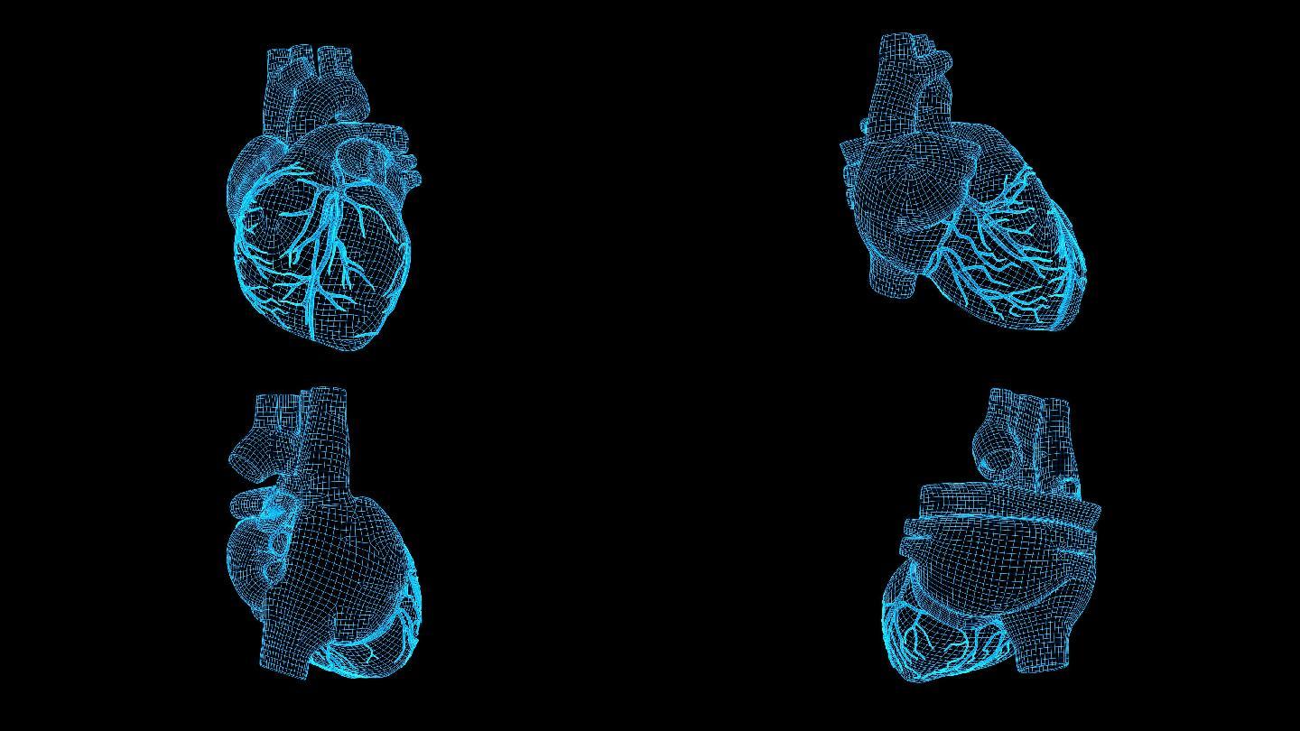 蓝色线框全息科技心脏动画素材带通道