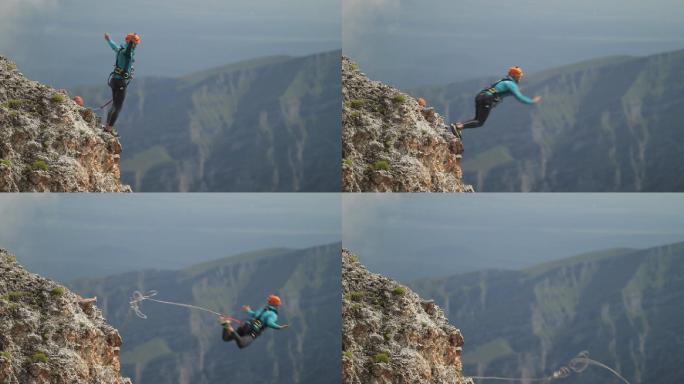 一个人从山顶跳下来。