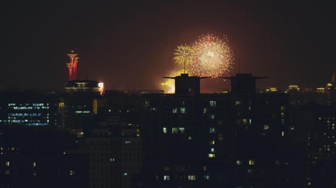 北京烟花，俯拍城市春节，万家灯火夜空