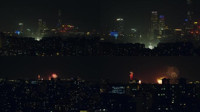 北京烟花，俯拍城市春节，万家灯火夜空