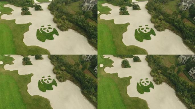 航拍高尔夫球场熊猫形状草坪