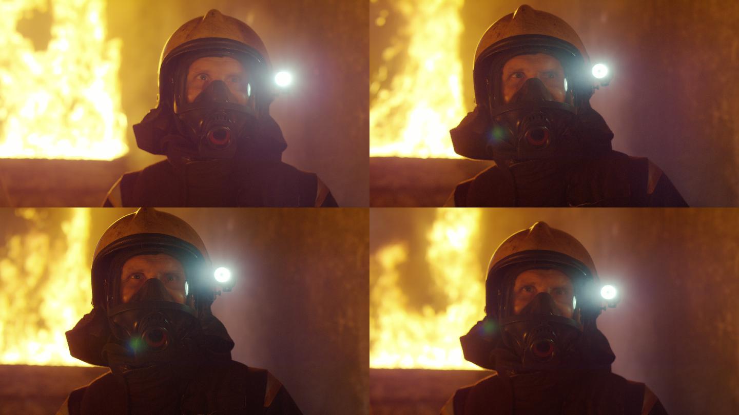 在大火中的消防队人员