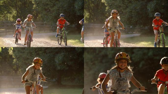 一群孩子一起在农村骑自行车