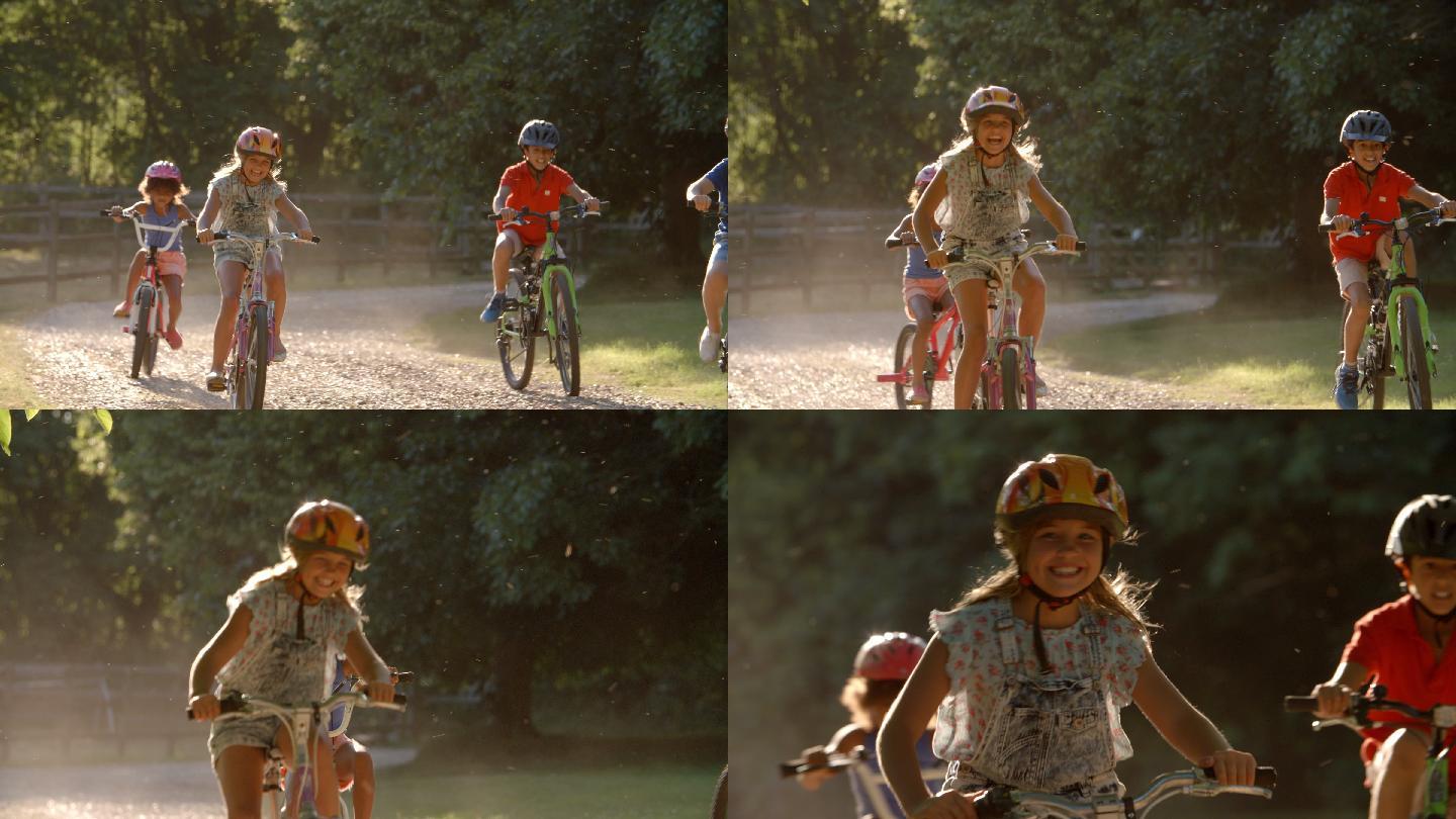 一群孩子一起在农村骑自行车