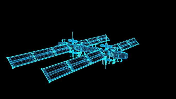 蓝色线框全息科技空间站动画素材带通道