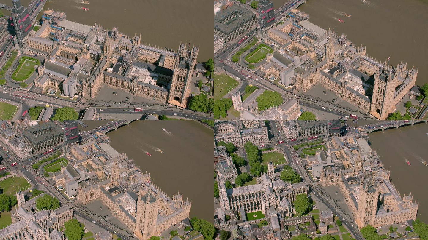 伦敦议会大厦和威斯敏斯特大教堂鸟瞰图。