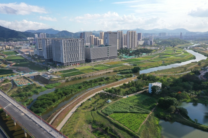 4k生态城市河道绿化航拍