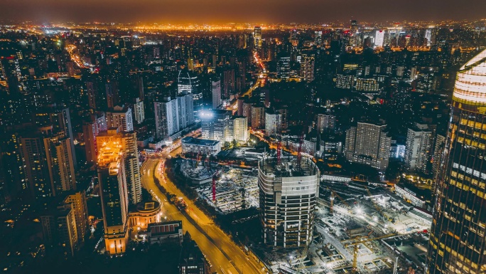 上海城市夜景航拍移动s型马路