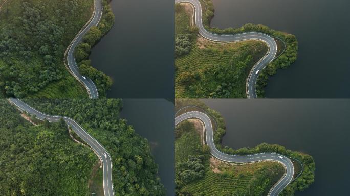 【4K合集】湖泊旁边的公路行驶汽车航拍