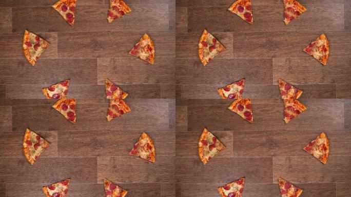 披萨碎片被分开并向不同方向移动然后被收集