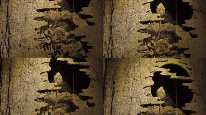 4k木雕视频木头雕刻工艺品荷花图案