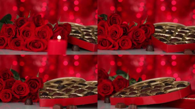 情人节巧克力、玫瑰和蜡烛