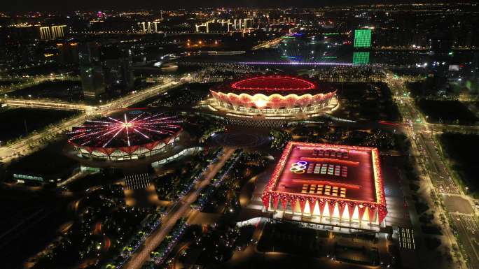 西安浐灞十四运奥体中心夜景航拍中国