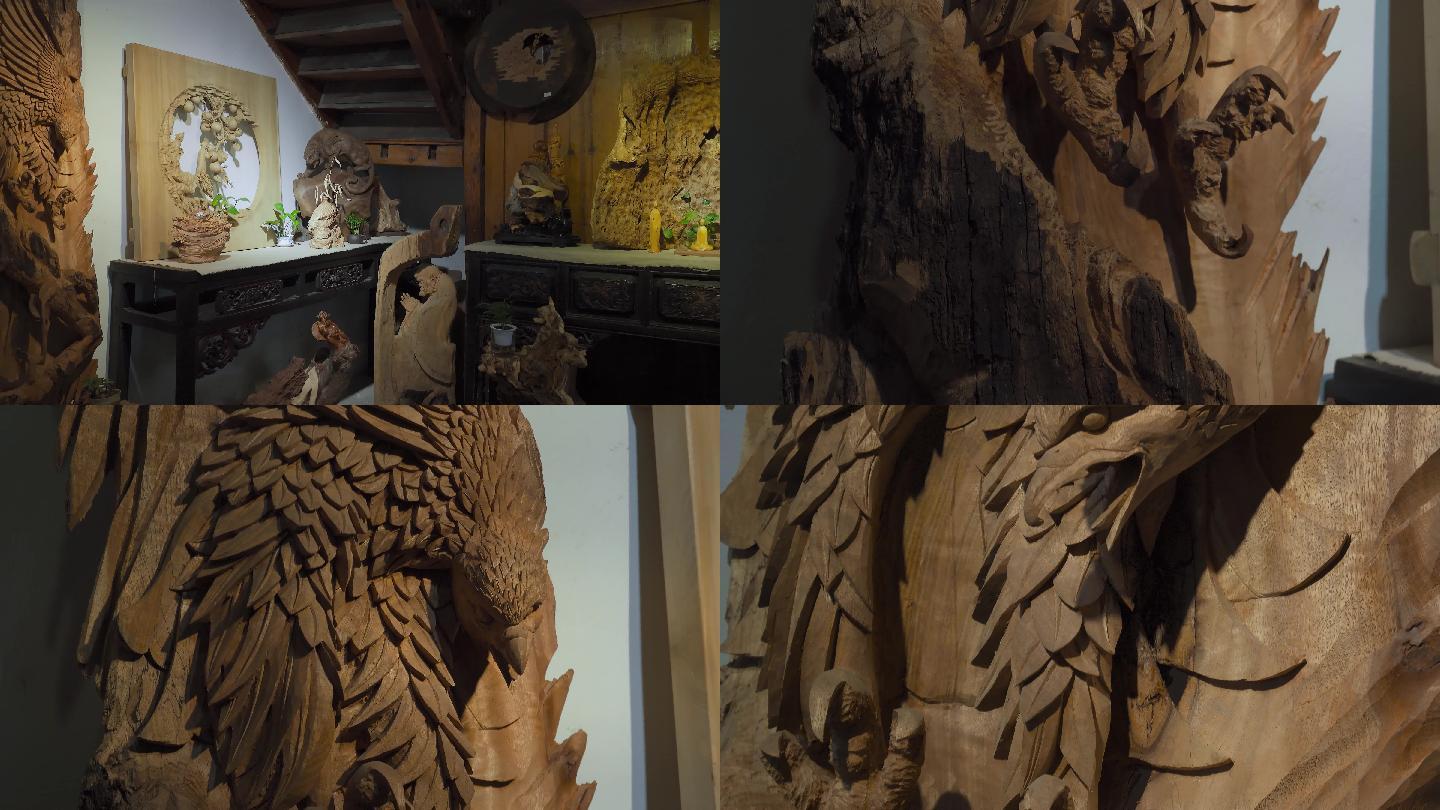 4k木雕视频木头雕刻工艺品飞鹰图案
