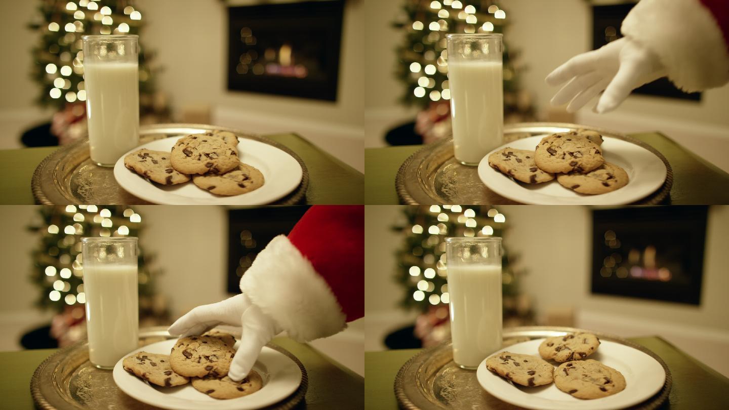 圣诞老人从托盘里拿起一块巧克力饼干