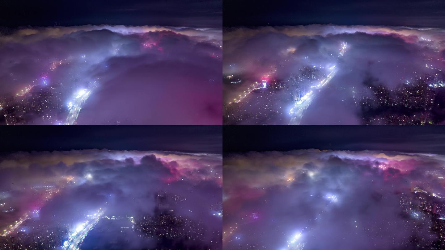 城市云层之上夜景大范围延时摄影