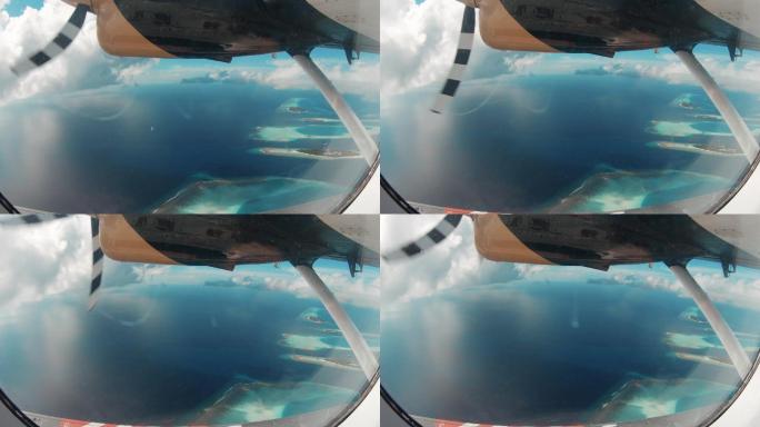 乘坐飞机飞越马尔代夫群岛