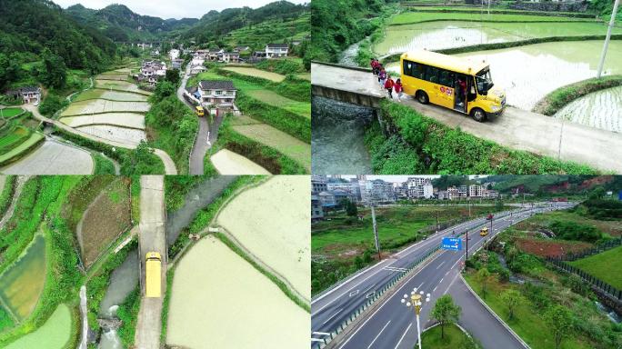 航拍山区乡村校车行驶在乡间路上