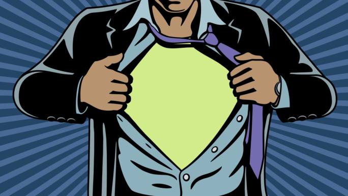 超级英雄撕掉衬衫和夹克暴露真实身份的动画
