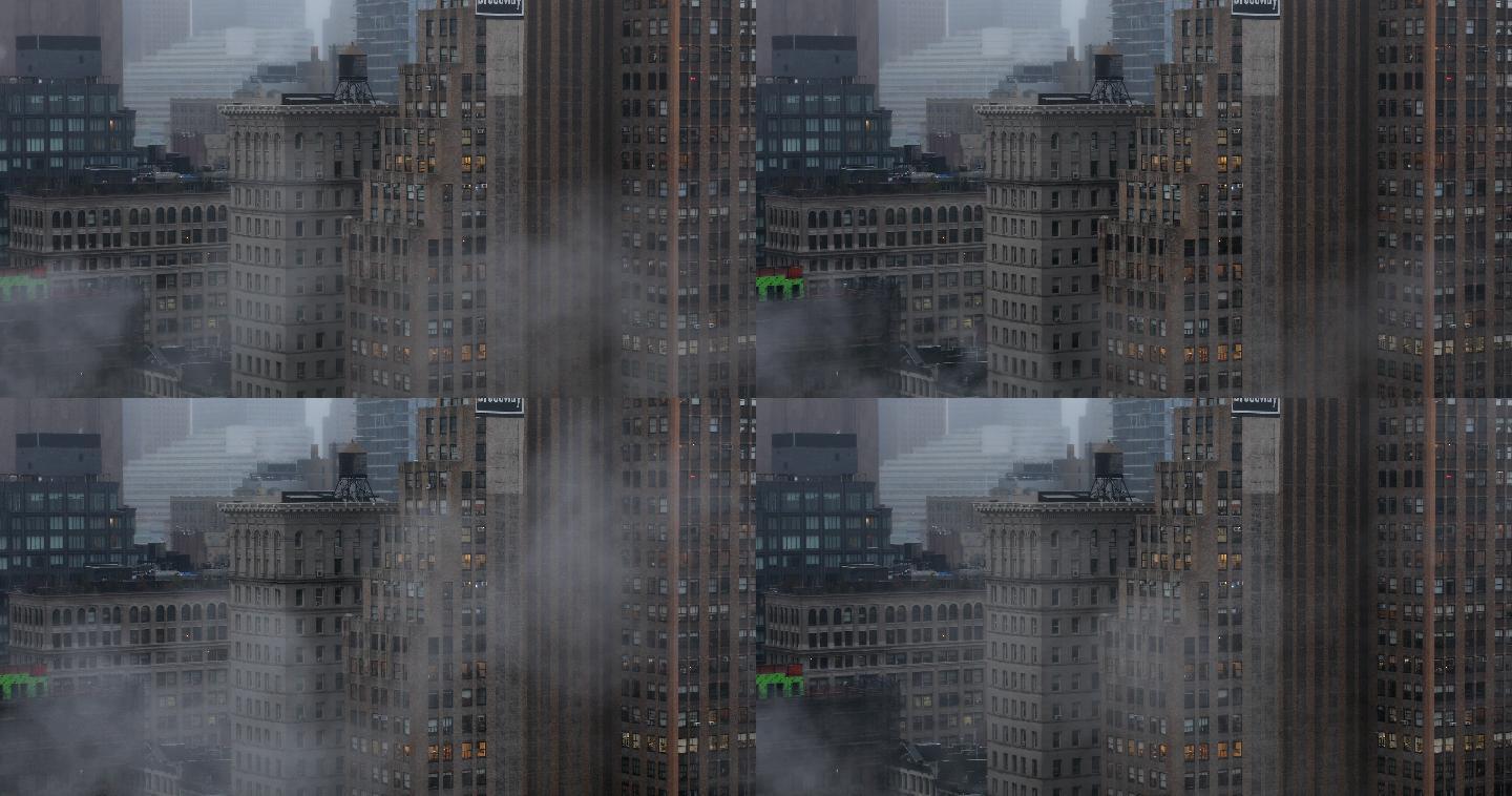雨雾弥漫的纽约市中心建筑景观