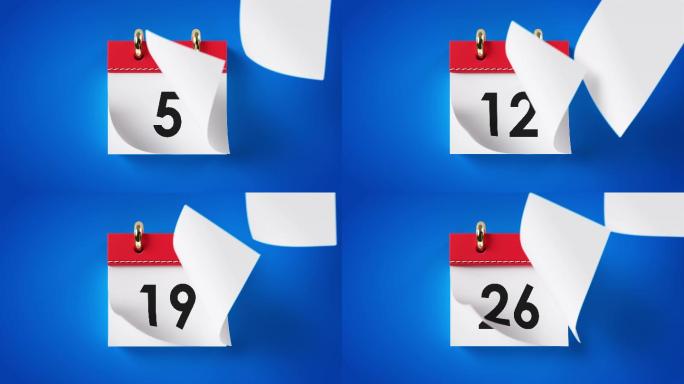 红色日历的页面在蓝色背景上。新年和时间
