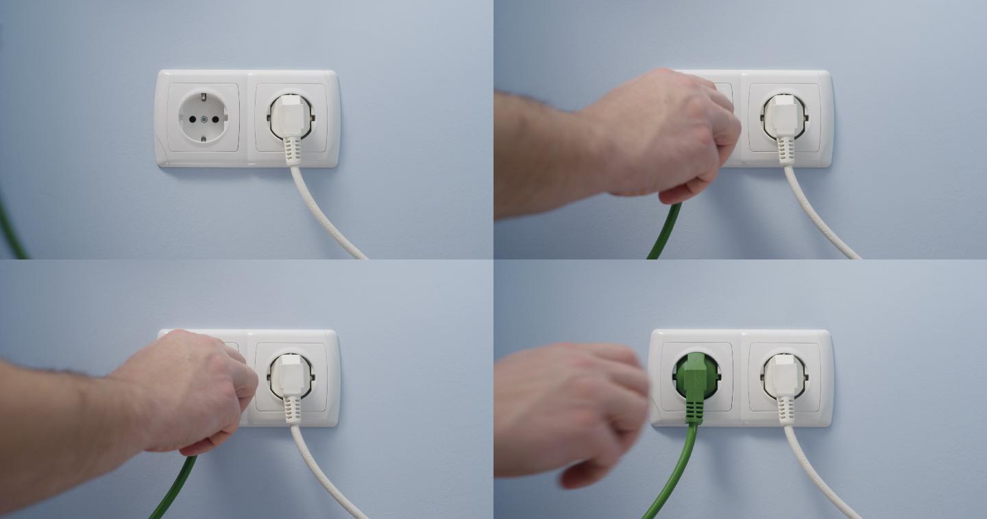 将绿色电源线插入墙上插座