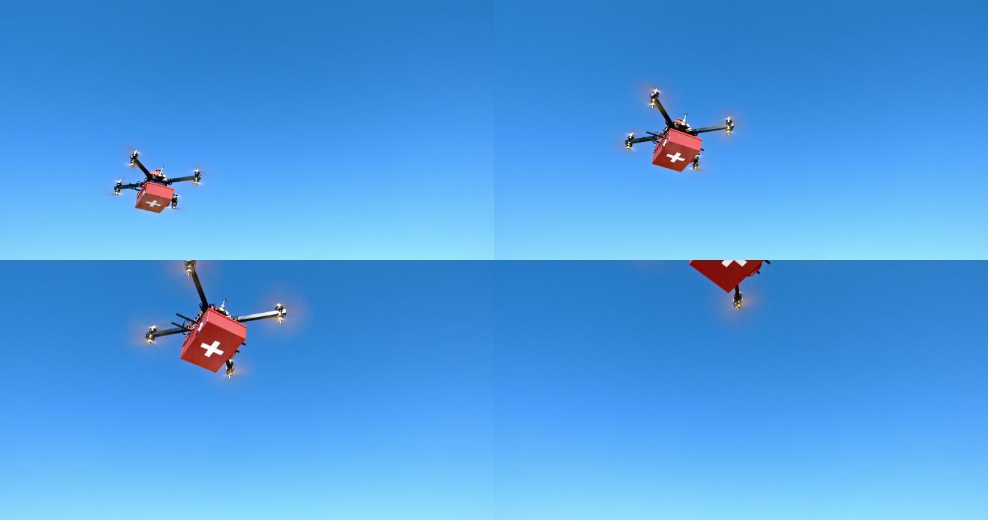 急救箱由一架无人机在晴朗的蓝天上运送