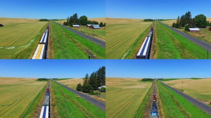 飞过运送谷物的火车的空中镜头。