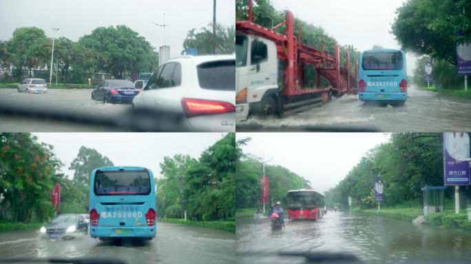 大雨中涉水路段的车流