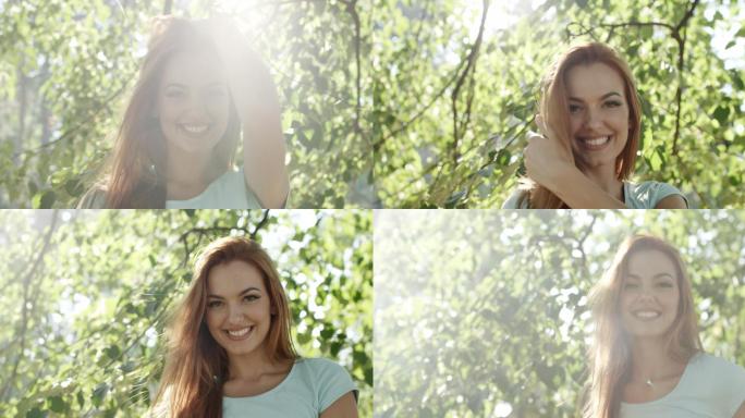 微笑的年轻女人唯美阳光森林树叶逆光竹林柳