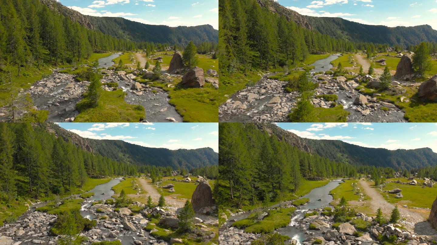 意大利绿色田野河流和山地景观