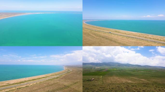 风景青海湖湖畔湖水4K航拍