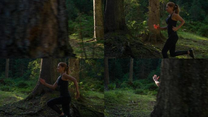 在树林里跑步的女运动员