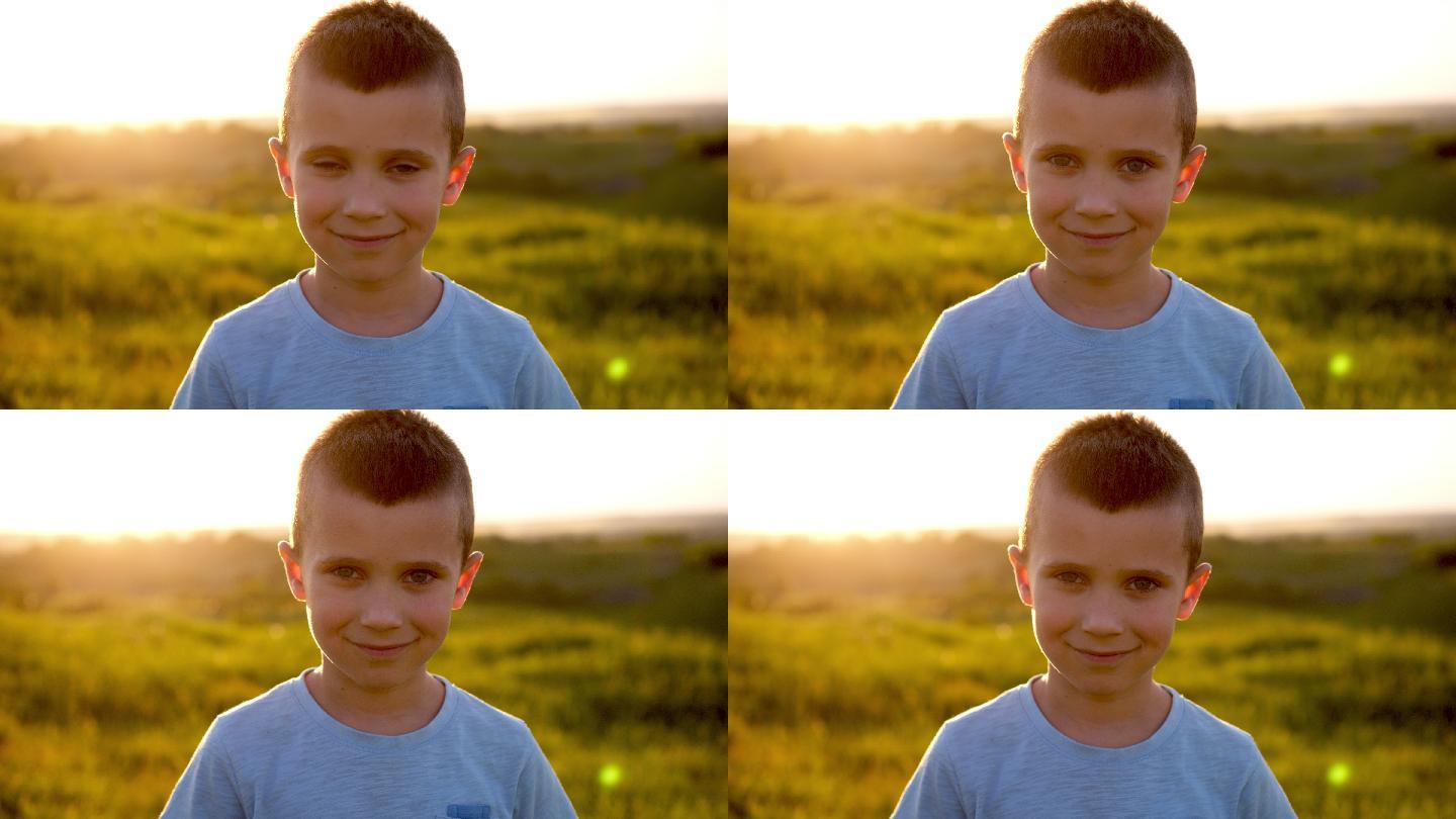 一个英俊的男孩在夕阳下对着镜头摆姿势