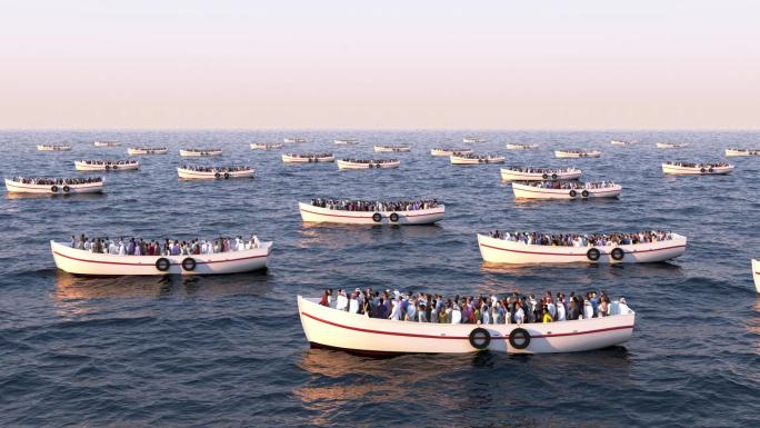 漂浮在海上的船上的难民