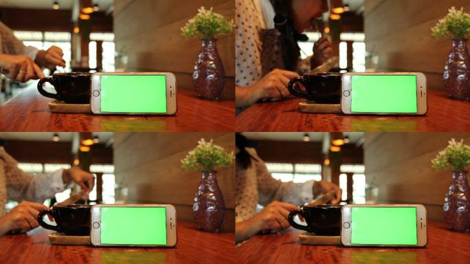 以绿色屏幕为背景的咖啡厅用餐视频