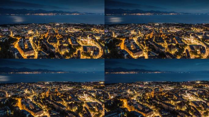 瑞士洛桑夜晚的城市景观