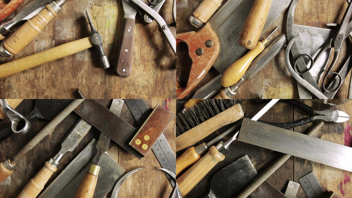 传统的手工工具摆在木工作台上
