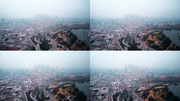 空中烟雾弥漫，洛杉矶车水马龙。