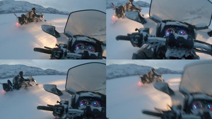 雪地摩托行驶寒冷冬天大雪