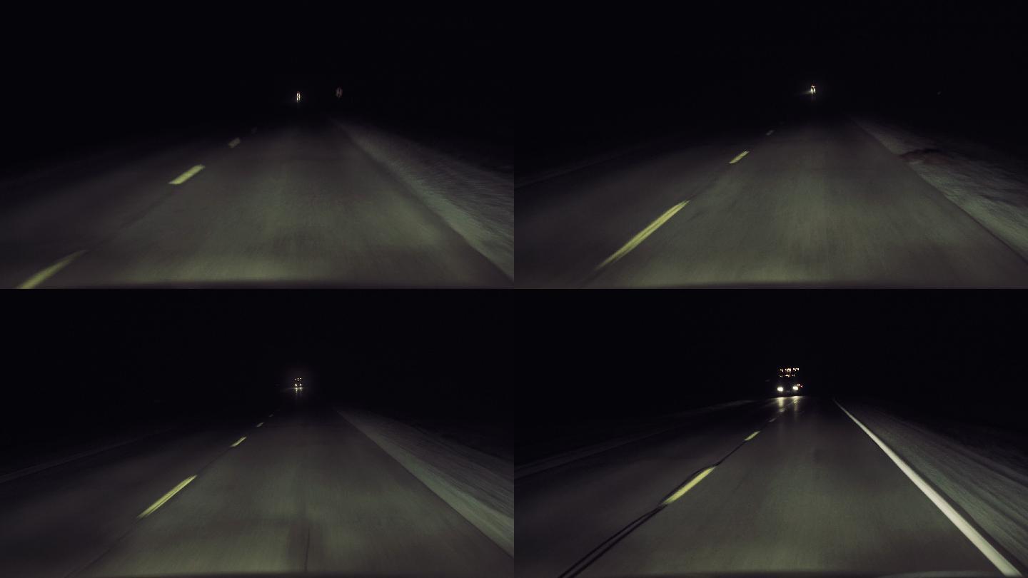 晚上开着一辆卡车在黑暗的乡间小路上行驶