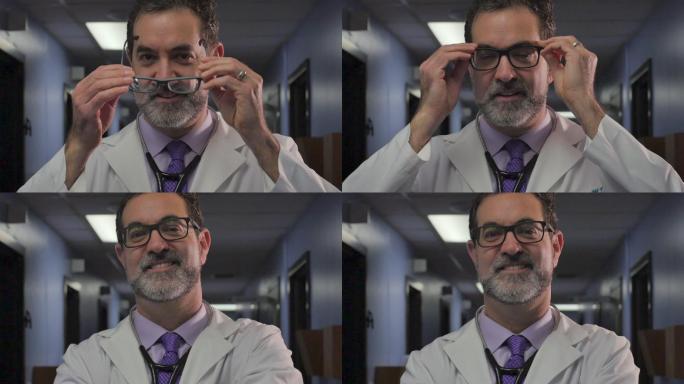 一位男医生戴上眼镜，微笑着