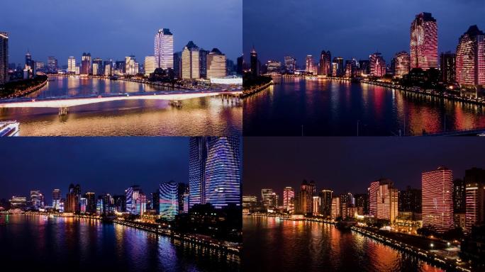 广州珠江两岸灯火夜景航拍延时