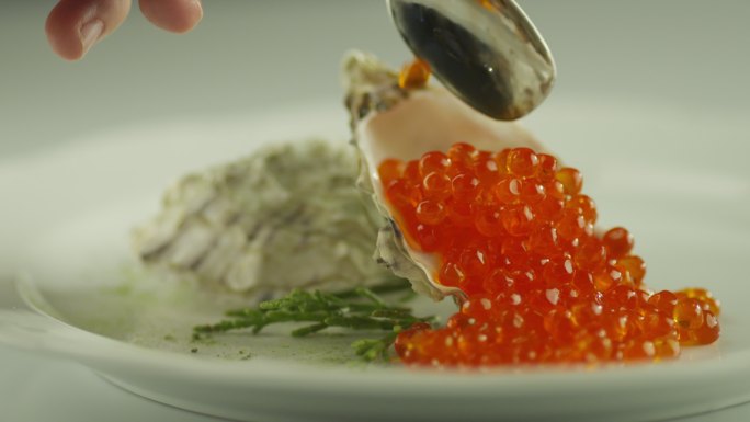 在豪华餐厅供应红三文鱼鱼子酱和贝壳